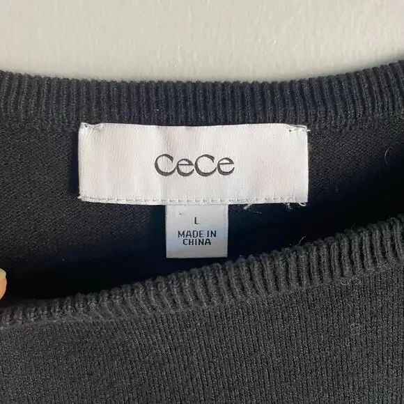 Cece Black White Sweater Blouse Puff Sleeves Pearl Academia Preppy Minimalist L - Picture 3 of 5